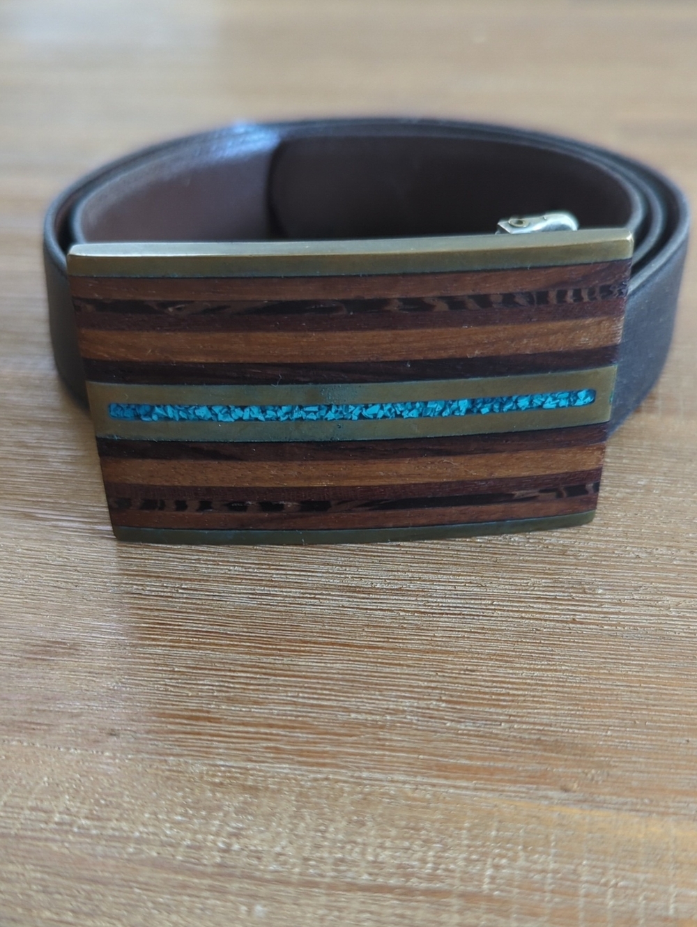 Vintage Kenneth Reid Belt Buckle with  Turquoise / Wood Accents & Black Belt